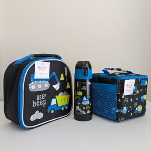 3 Pc Set Kids Boys Truck Digger Thermal lnsulated Bottle Lunch Bag Box School